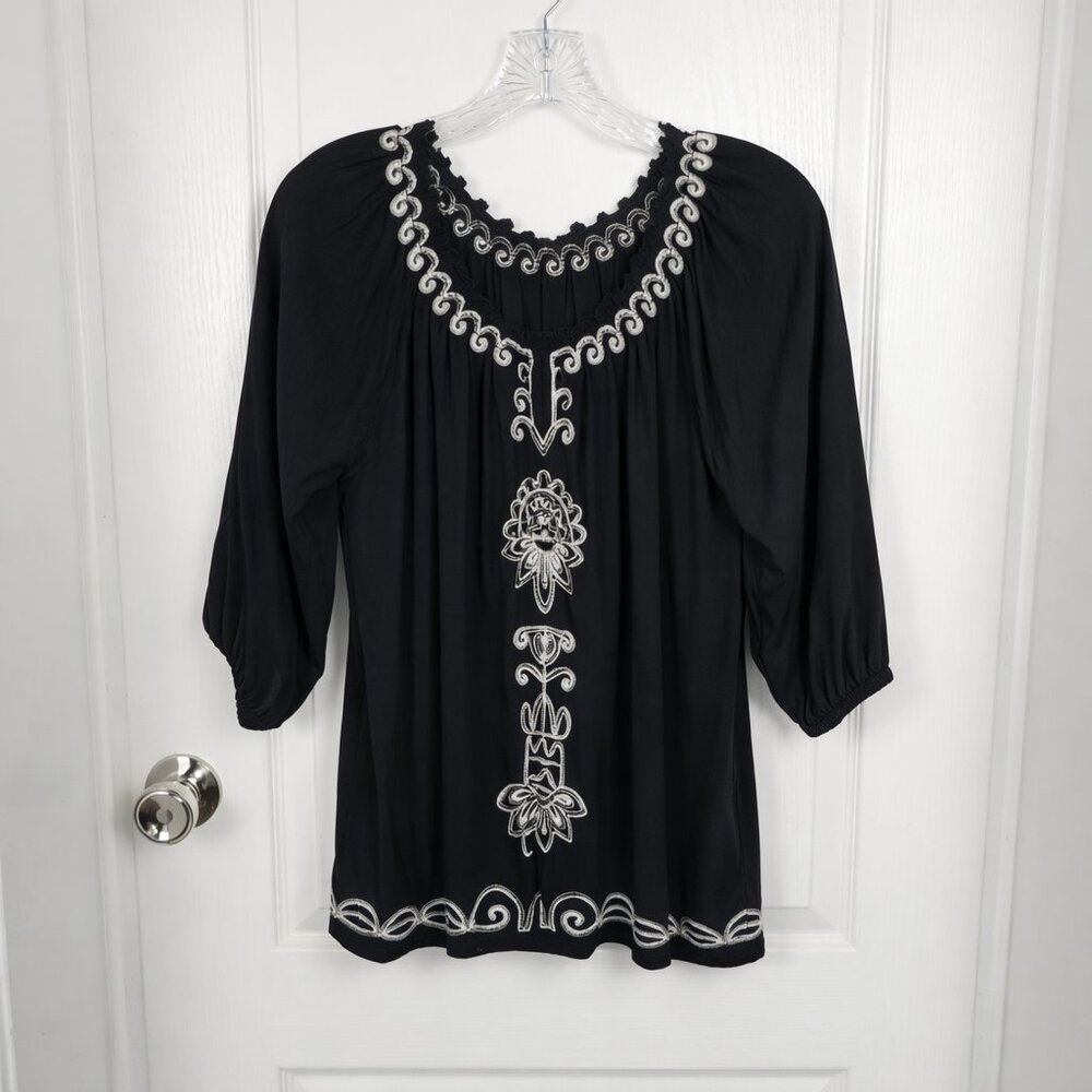 New Directions Petite PXL Black Embroidered Peasant Blouse Boho Tunic Top